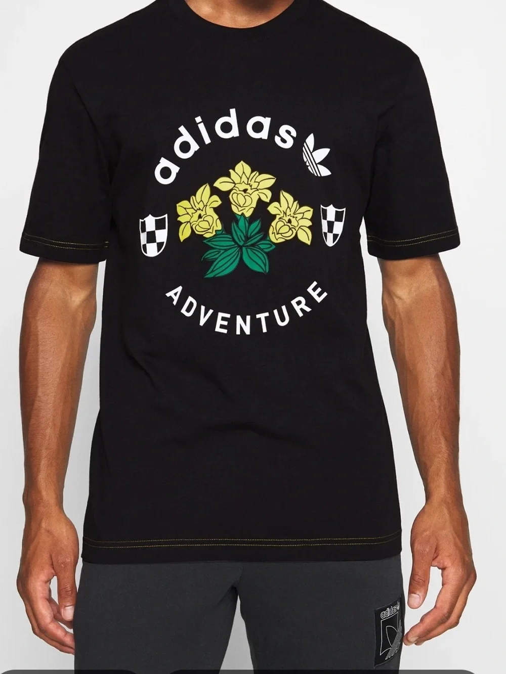 Adidas Men’s Originals Adventures Graphic Daffodil Black/Yellow Tee. Size Large.